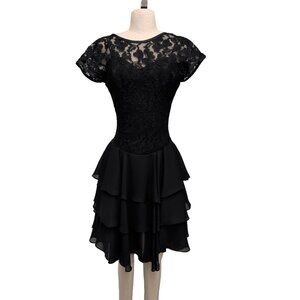 Vintage Late Edition Black Lace Tiered Chiffon Formal Party Dress Union Made siz